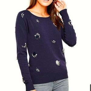 Ann Taylor Navy Blue Embellished Bling Mirror Long Sleeve Top Size S